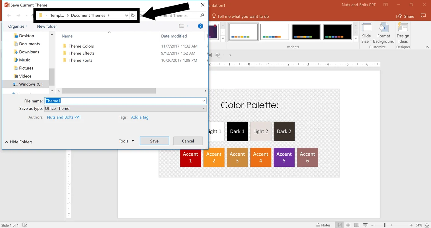 If you can find your theme folder, save your them and then copy the address at the top of the Save Current theme dialog box