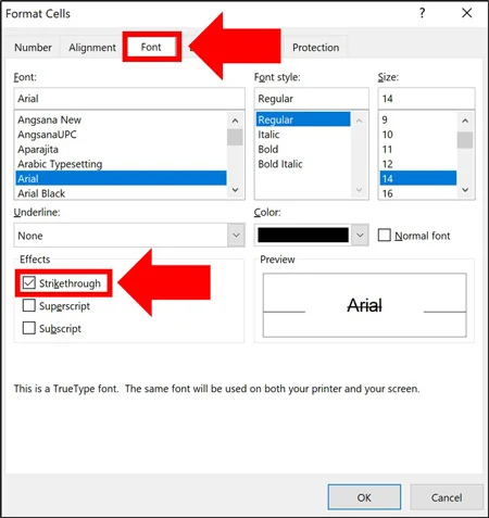 On the Font tab in the Format Cells dialog box, click the Strikethrough command