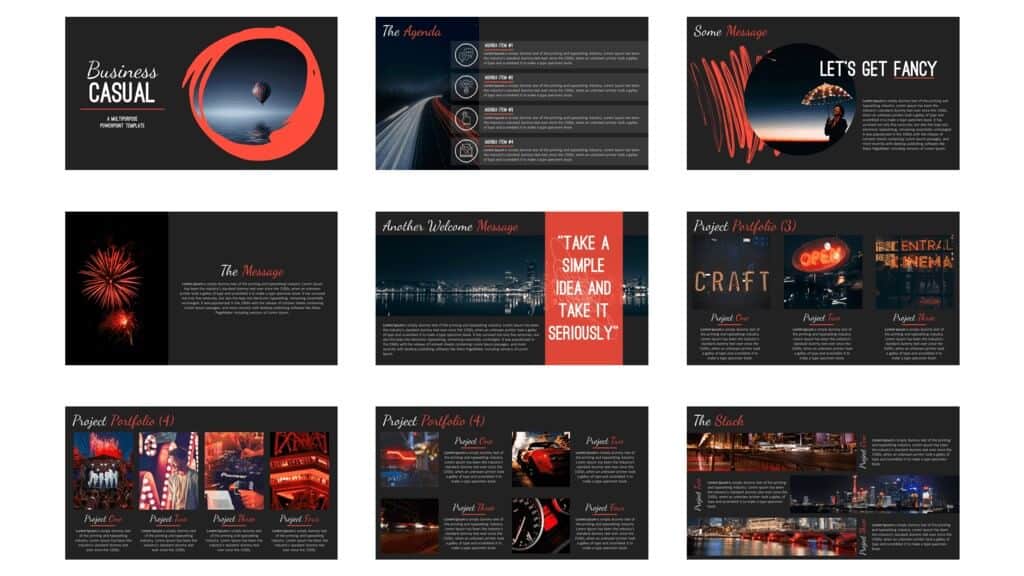 Examples of the divider slide layouts in the business casual template by slidecow