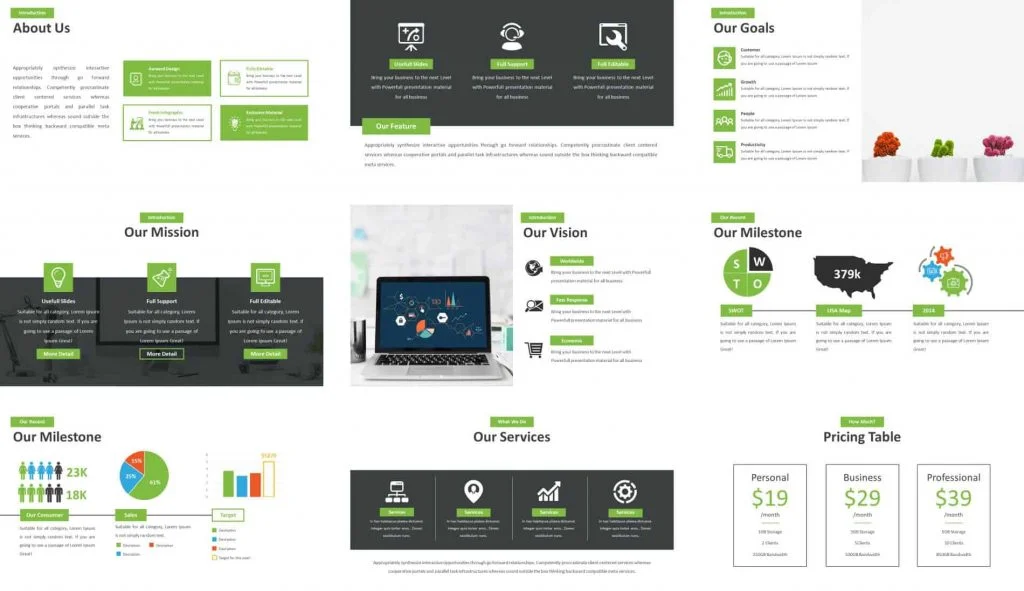 Example about us, mission statement and services slides within the unleash template