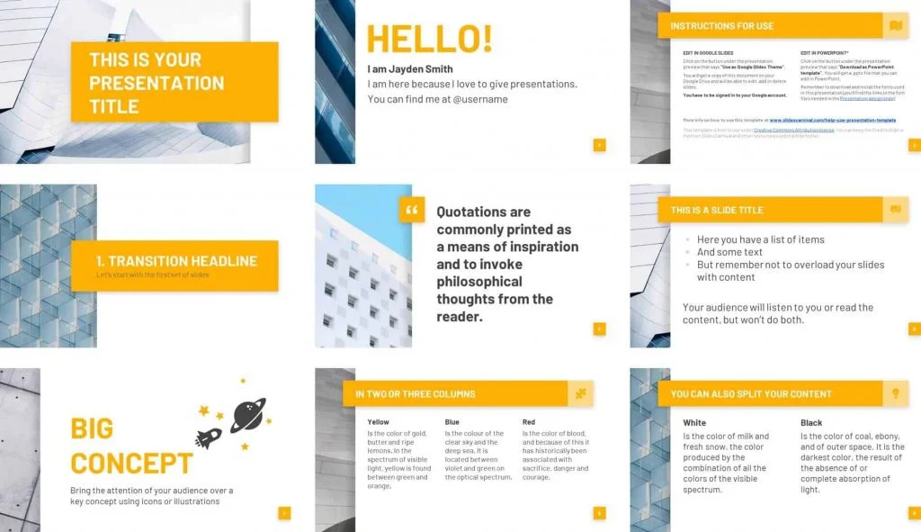 Example title slide and divider slides within the basset template