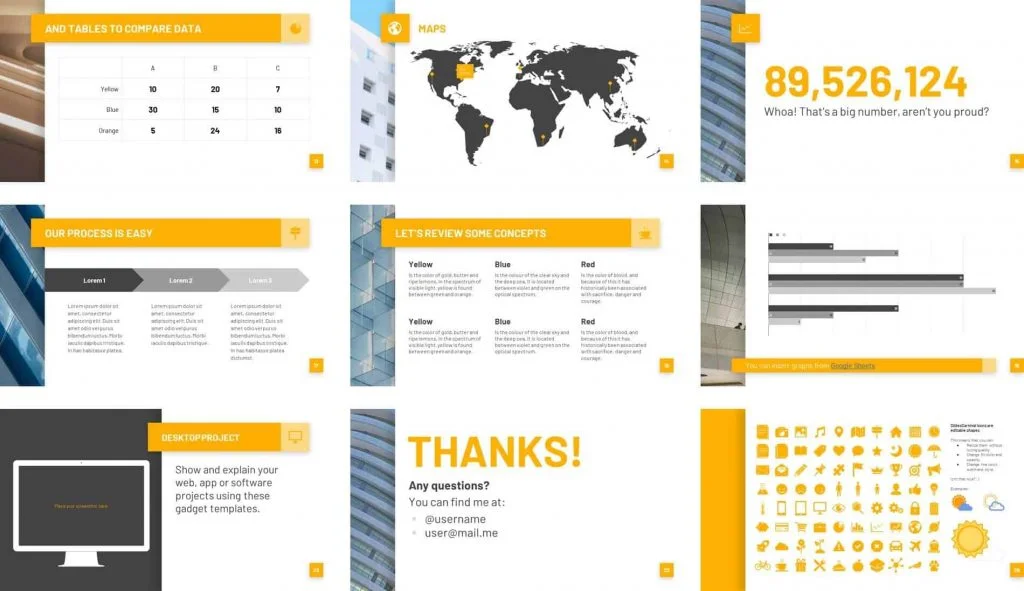 Example slide layouts and icons you get within the Basset template