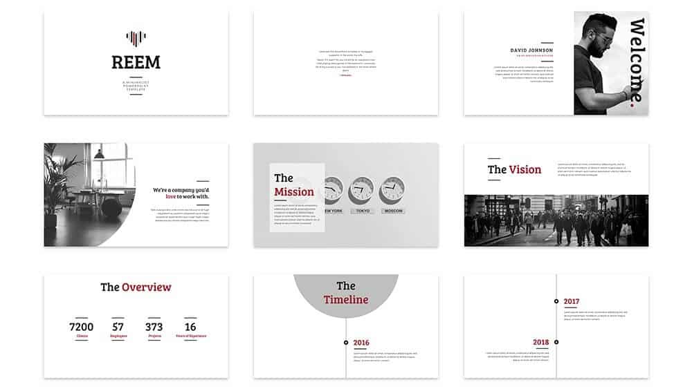 Examples of the divider slides, timeline slides and overview slides within the Reem template