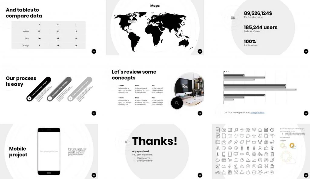 Example slides from the Cymbeline template by slidesCarnival