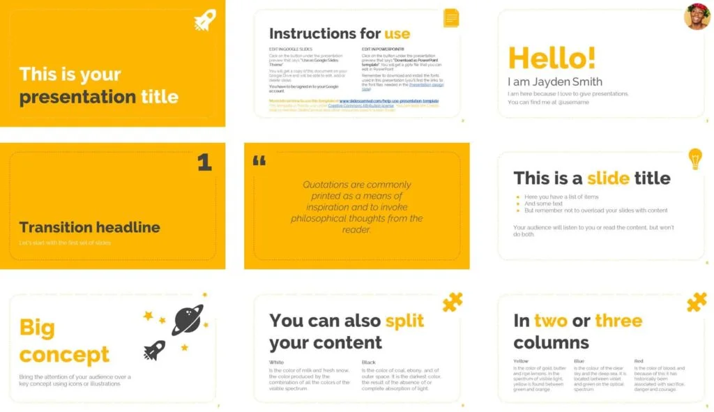 Examples of slides in the Olivia template by SlidesCarnival