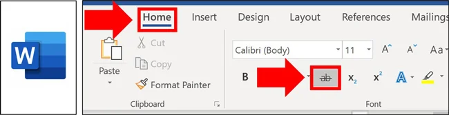 Select the Home tab and then select the strikethrough command