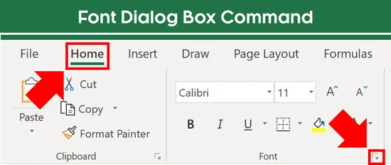 From the Home tab click the downward facing arrow in the Font group to open the format cells dialog box