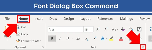 From the Home tab click the downward facing arrow in the Font group to open the Font dialog box