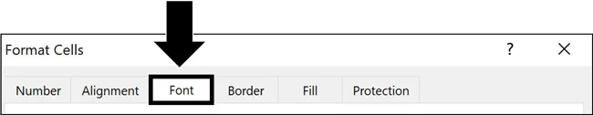 Example of the font tab inside the format cells dialog box in Excel