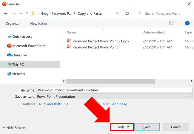 Open the Tools drop down in the Save As dialog box