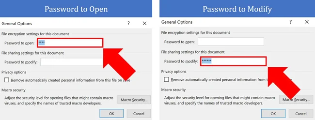 Select the password for either open or modify and delete it