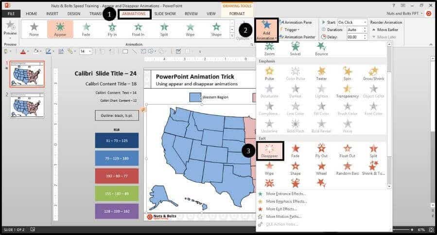 From the animations tab, select the Add animation drop down and add a Disappear animation to the same Western Region group you have selected