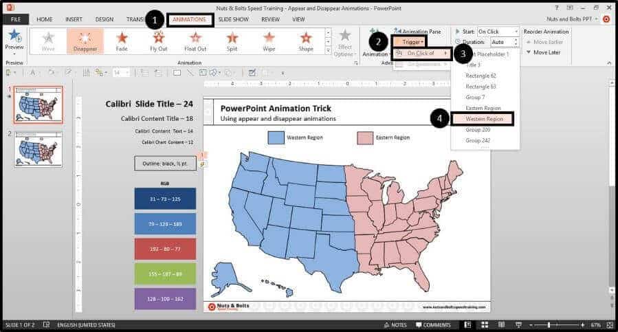 From the animations tab, open the Trigger drop down, select On Click of and again select the Western Region