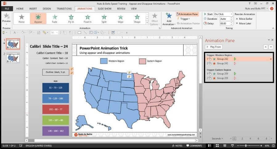 Open the animations pane from the Animations tab and double check your work.