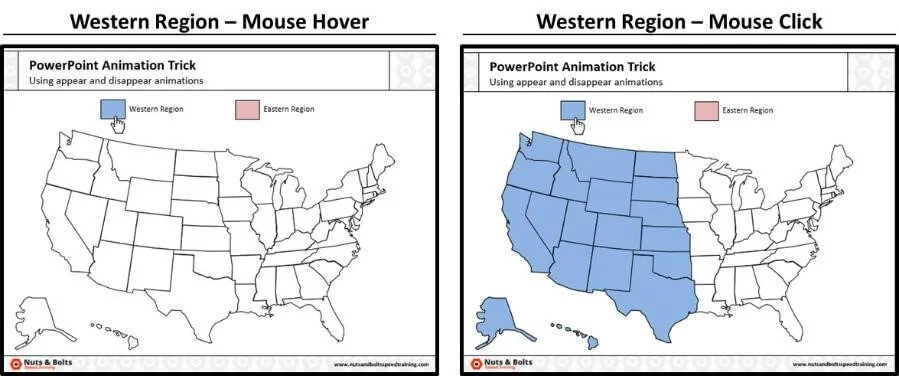 Run your presentation and double check that clicking the western region rectangle makes the western region appear on your slide