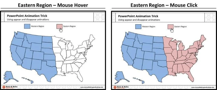 Run your presentation and double check that clicking the Eastern region rectangle makes the eastern region appear on your slide