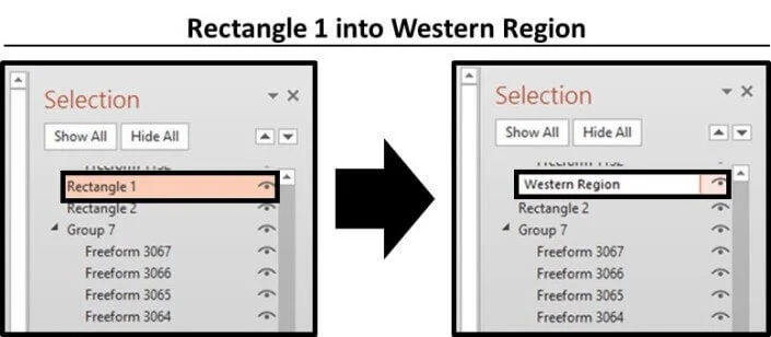 In the selection pane, rename the first object you want to use as button to make the different pieces on your slide appear and disappear. In this case, rectangle 1 becomes the Western Region