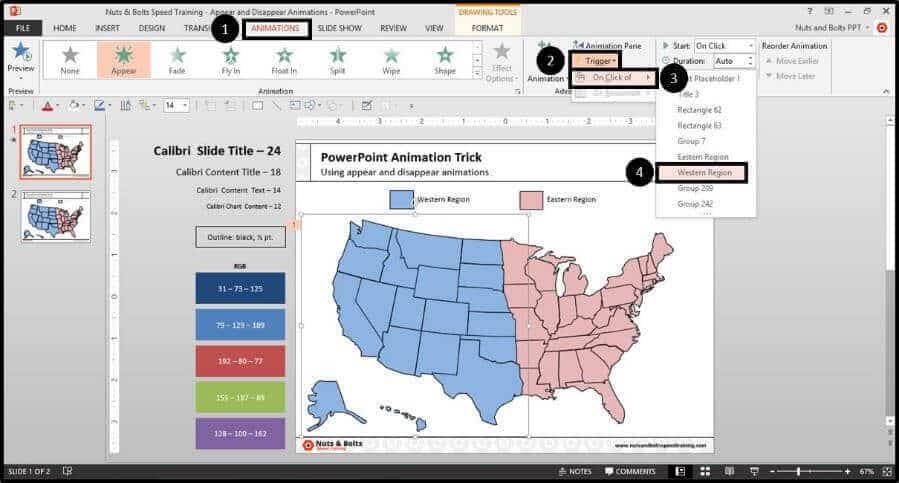 After applying the animation, open up the Trigger drop down, select On Click of and in this case select the Western Region rectangle.