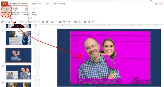 Select Mark Areas to Keep and color in the areas of the photo that you don't want removed from your image