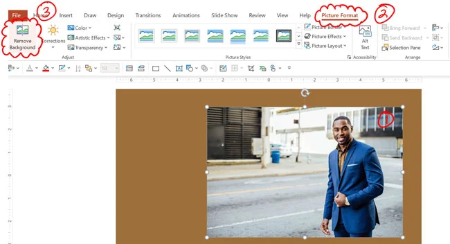 To remove a complicated image background select your photo, Picture format and select remove background