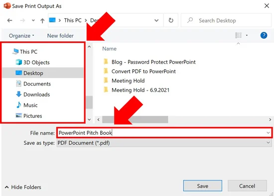 Choose a location to save your PDF on your computer and a name for your new file