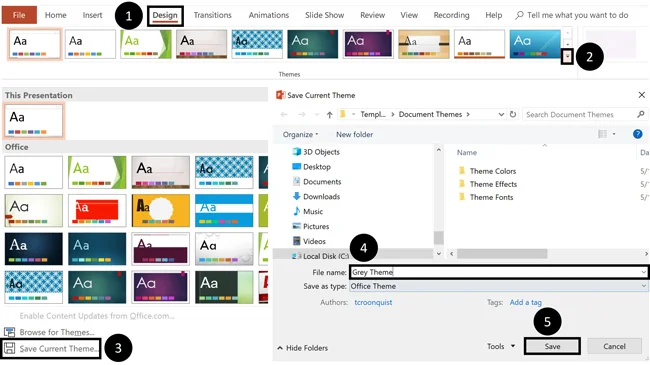 To save your custom slide size as a PowerPoint theme, from the Design tab, select save current theme, name the theme and click save