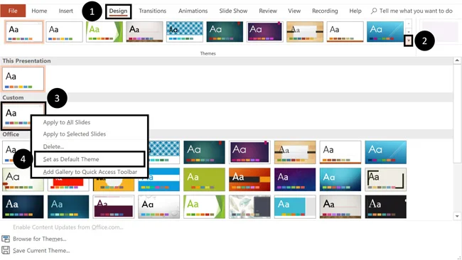 To set your custom theme as the default theme, from the design tab, find your custom theme, right-click the theme and select set as default theme