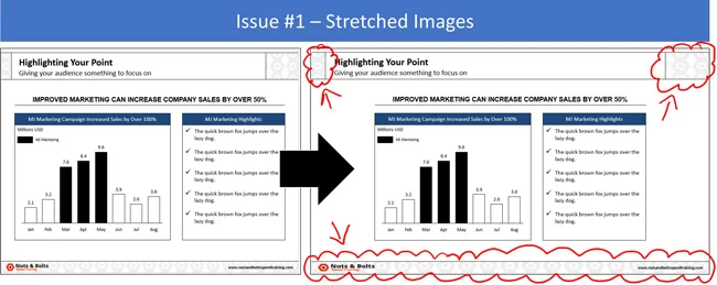 When converting from four by three into the sixteen by nine slide size, your images will be stretched and distorted