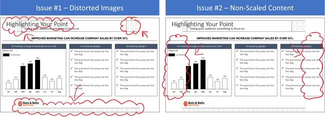 when converting from the sixteen by nine to the four by three slide size, none of your content will be properly resized to fit the smaller slide size