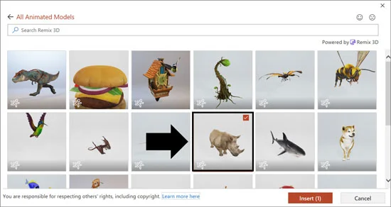 Example selecting the 3D rhinoceros in PowerPoint using the new 3D models command