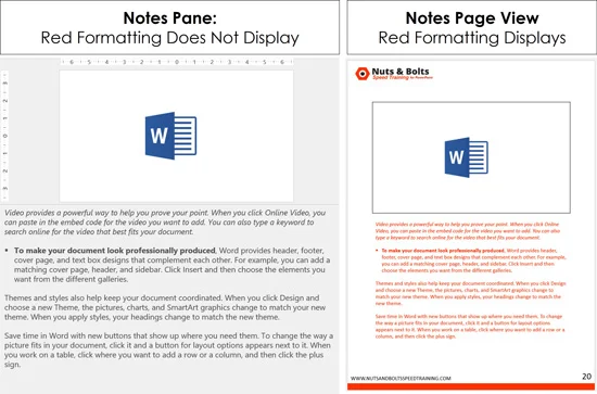 Speaker notes formatting does not fully display in the notes pane view of PowerPoint, whereas it fully displays in the note page view of PowerPoint