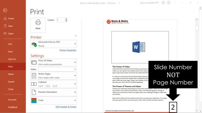 The number that appears on your handouts in PowerPoint is the slide number, not the page number