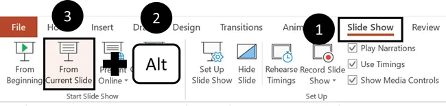 To run the presenter view from the current slide, click the Slide Show tab, hold the Alt key and click the From Current Slide command