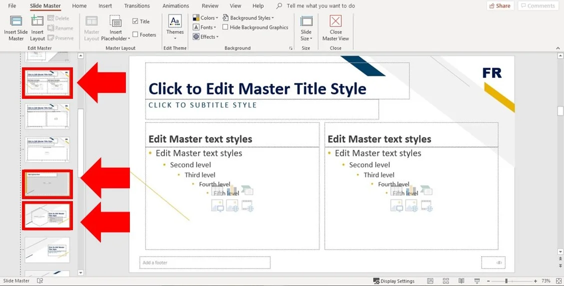 On the slide master view, select the child slide layouts that you want to change the slide backgrounds for
