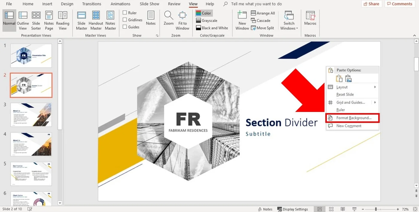 Right click your slide and select Format Background