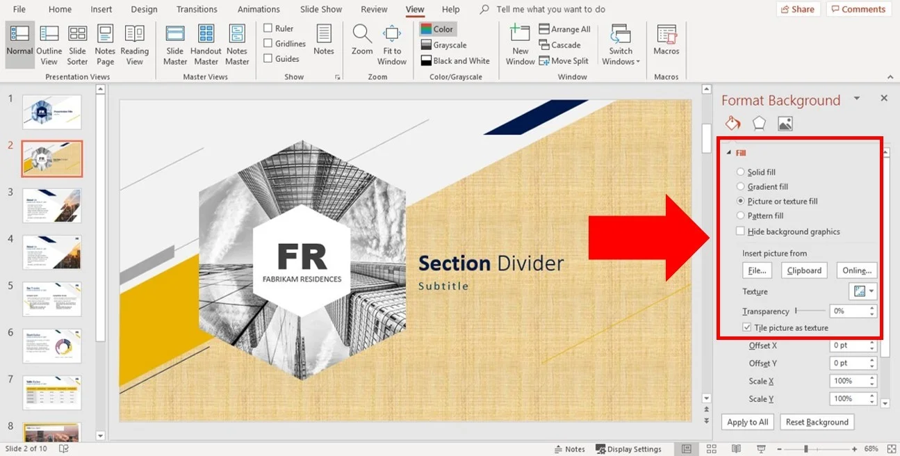 In the format background dialog box you have a variety of fill options for your slide background