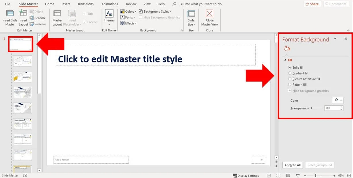 Select your Parent slide, right-click your slide, select format background to change your slide background
