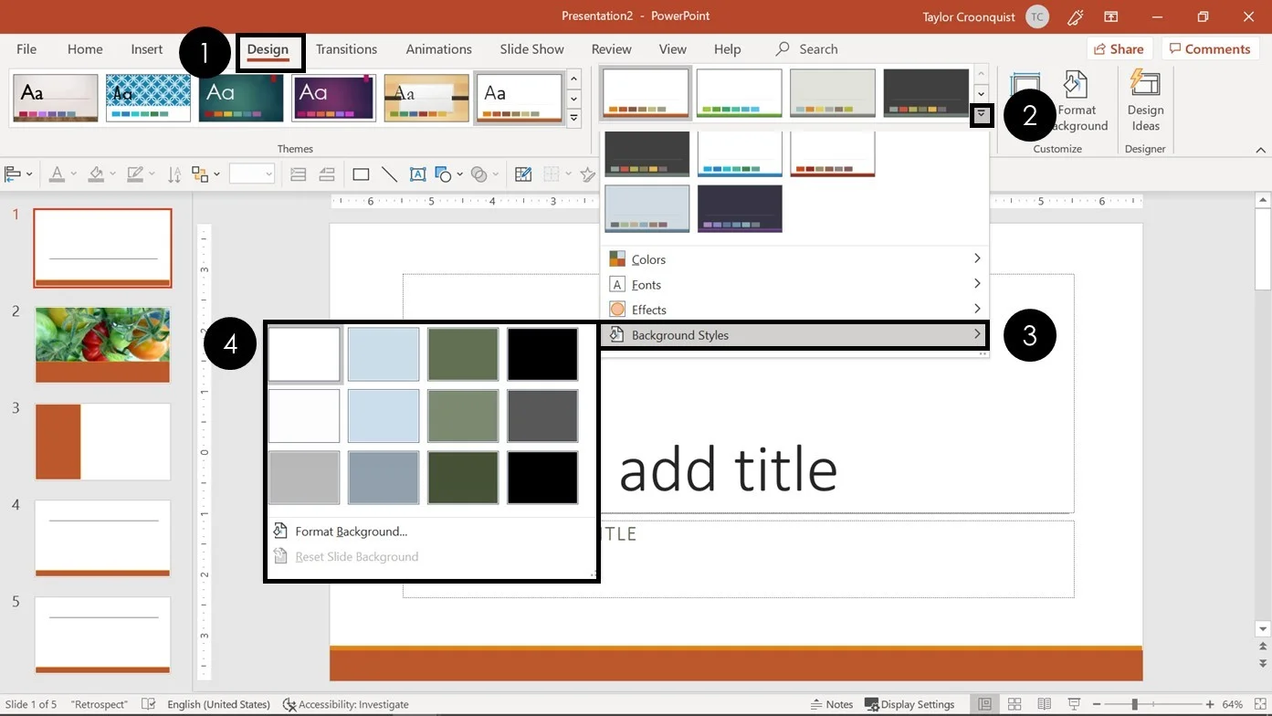 To pick a different background style, from the Design tab, open the More options and open the Background Styles gallery