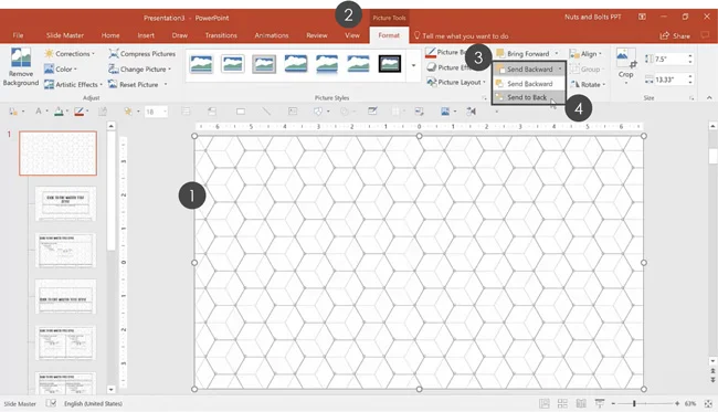 After resizing your background image, send it to the back so your content placeholders are visible on your slide master