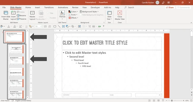 Example of the slide background images populating to all the child slide layouts within the PowerPoint template