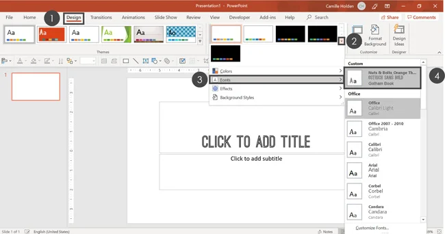 You can change the fonts of your PowerPoint template on the Design tab in the Fonts options