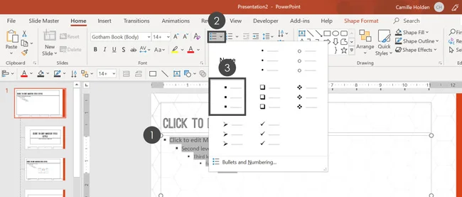 Adjusting and aligning the bullet points for each level of text in the placeholder.