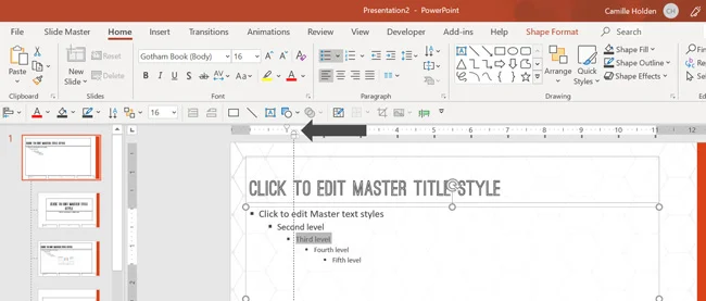 Select all the text styles in the content placeholder. In the Paragraph group, click on the Bullets and Numbering dropdown. Select the square style bullets.