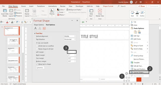 Adjusting the margins of the slide number placeholder.