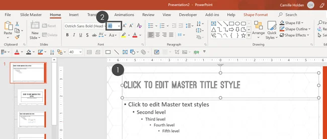 Changing the Title placeholder's font size up in the Ribbon's Home tab
