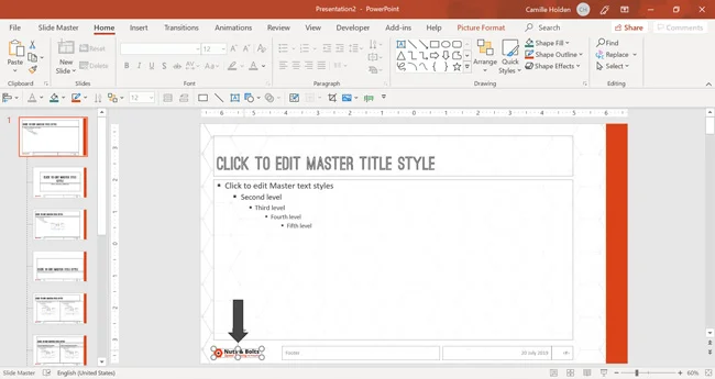 Example of a logo inserted in the footer area of the Parent Slide.