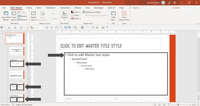Demonstration of how the Content placeholder on the Parent Slide affects the text placeholder on Child Slides.