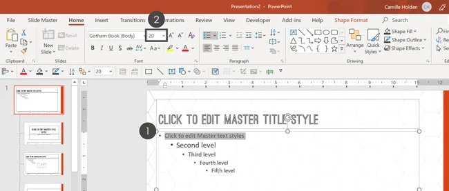 Select the font you want to change the size of and then on the Home tab choose your font size
