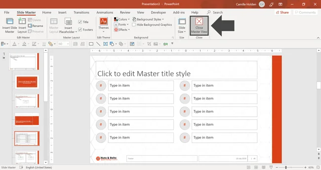 Closing the Slide Master View to go back to the Normal View of PowerPoint.