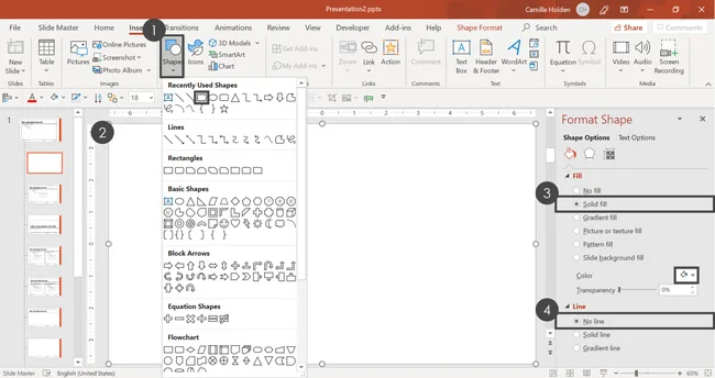 Inserting a rectangle, drawing it on the slide and the making it white with no outline.